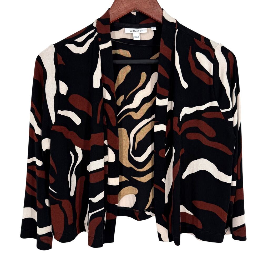 Chicos Sz 1 Medium Slinky Fabric Super Stretchy Open Front Crop Jacket Travelers